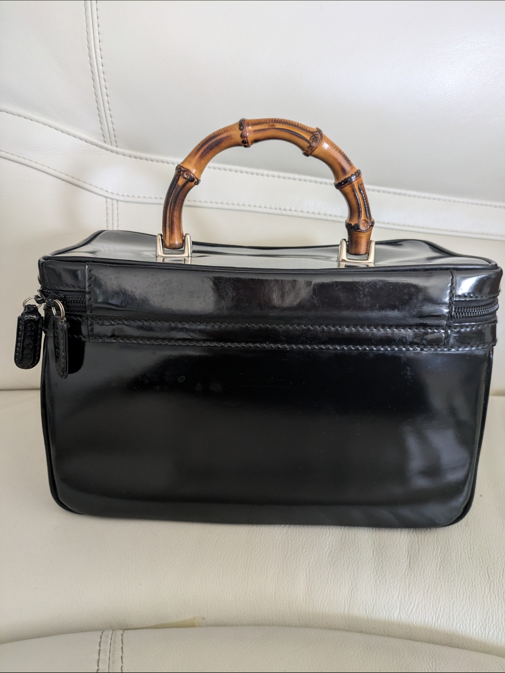 Gucci Black Patent Leather Vanity Case Handbag Bamboo Top-Handle Vintage